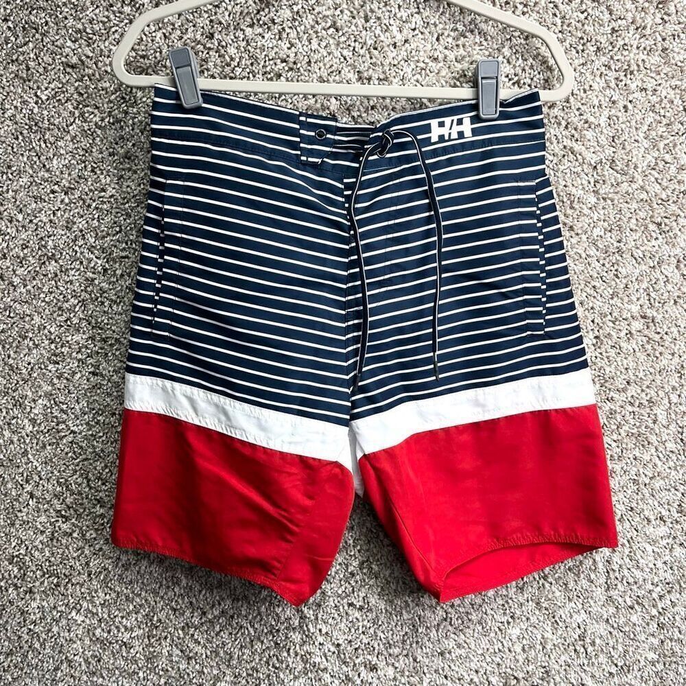 Helly Hansen Swim Trunks Men’s 30‎ Navy Blue, Red and White Striped 8”